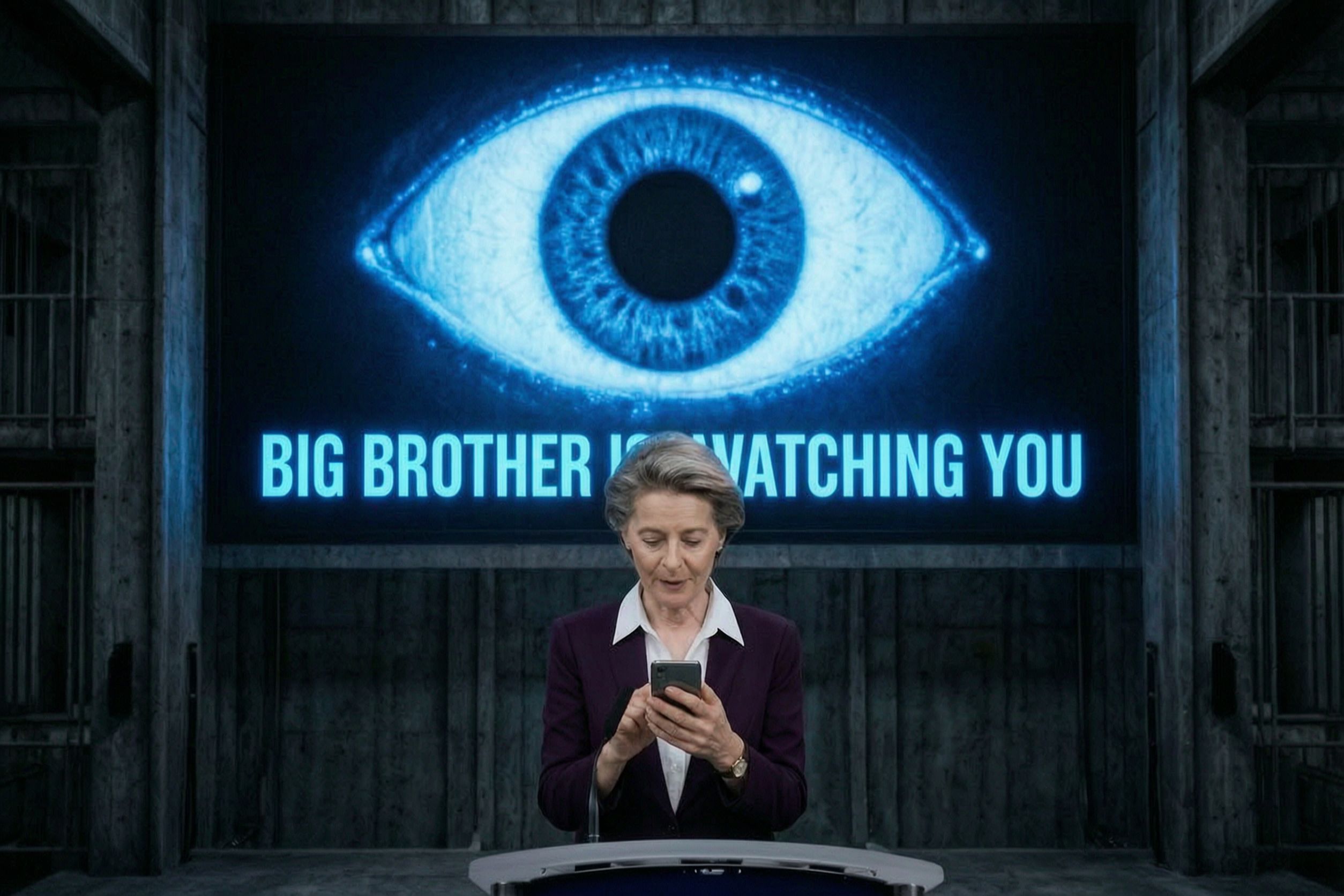 Satirische Grafik: EU-Kommissionschefin am Rednerpult vor einem Big-Brother-Auge