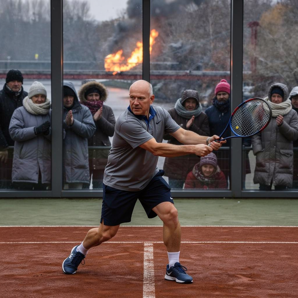 Satirische Fotomontage: ein Mann in Tenniskleidung spielt auf einem Platz, dahinter frierende Menschen in Wintermaenteln hinter einer Glaswand, im Hintergrund brennt eine Kabelbruecke
