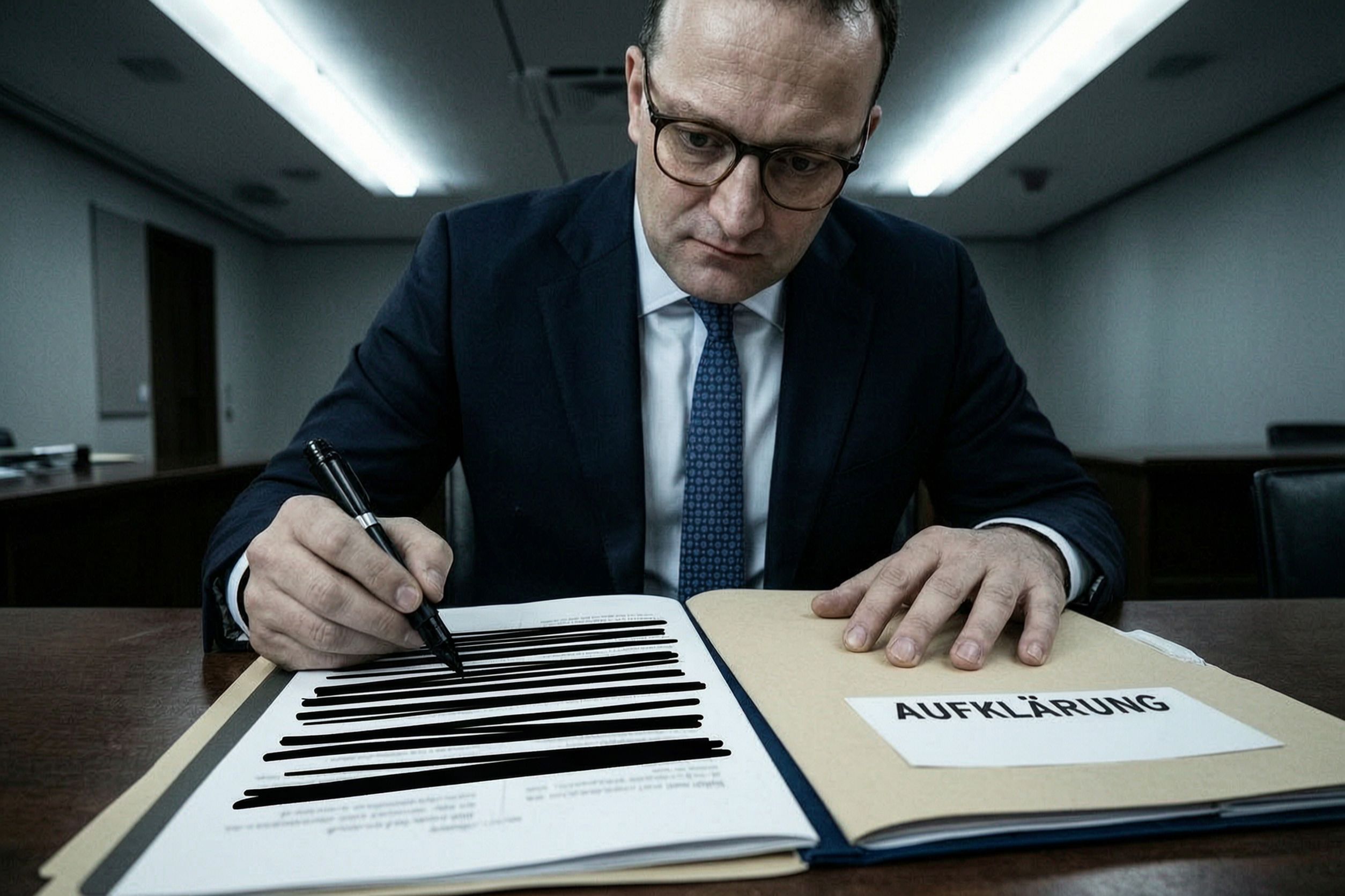 Satirische Fotomontage: ein Politiker im dunklen Anzug schwaerzt mit einem dicken Filzstift ein Dokument, daneben ein Aktendeckel mit der Aufschrift AUFKLAERUNG