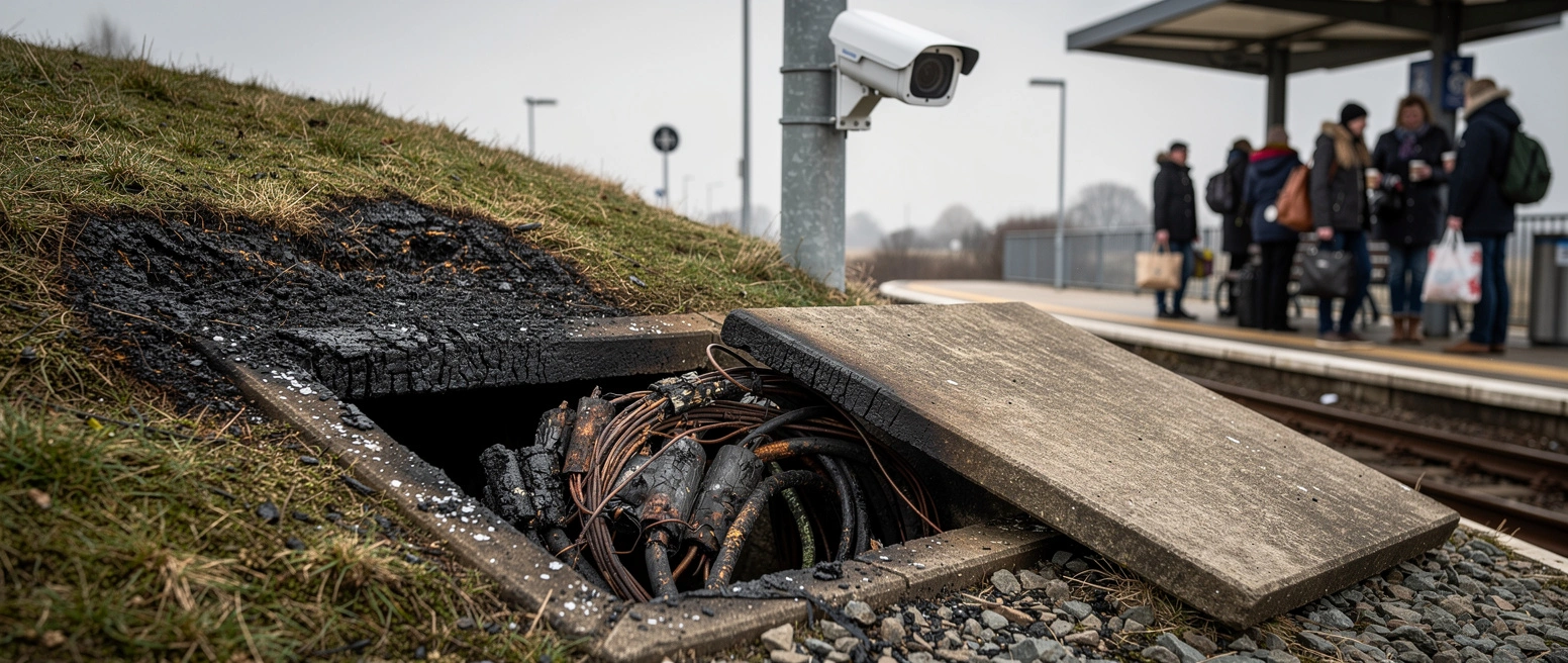 Aufgebrochener Kabelschacht an einem Bahngleis mit verbrannten Signalkabeln, dahinter eine neue Ueberwachungskamera, die nicht auf den Tatort, sondern auf wartende Fahrgaeste am Bahnsteig gerichtet ist