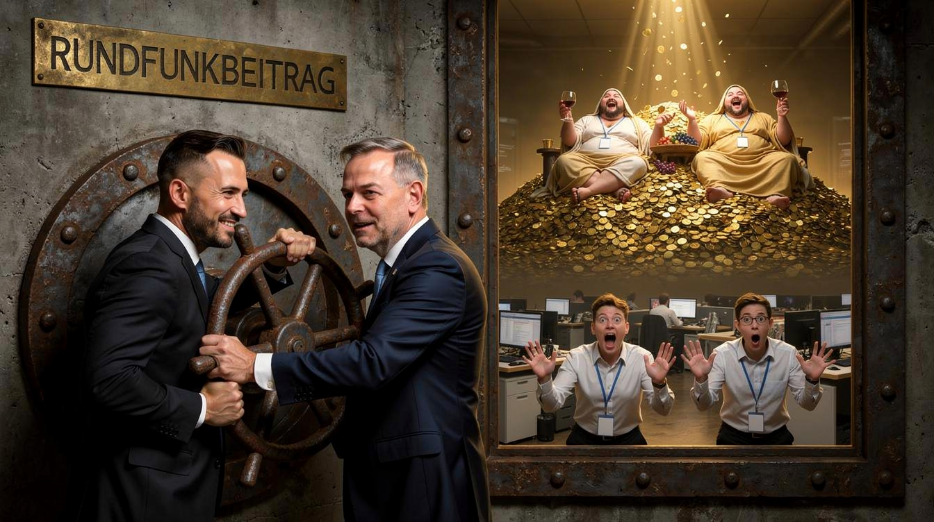 Satirische Fotomontage: zwei Politiker drehen ein grosses Ventilrad zu, darueber eine Messingtafel mit der Aufschrift RUNDFUNKBEITRAG, dahinter ein Tresorfenster mit zwei stark uebergewichtigen Personen in Togen auf einem Berg von Goldmuenzen und panischen Mitarbeitern