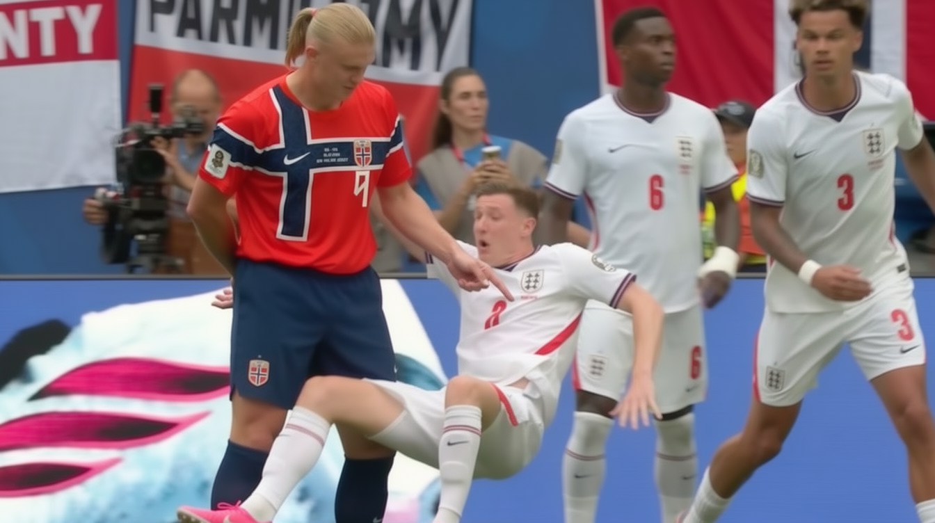 Szene aus einem WM-Viertelfinale: ein grossgewachsener Spieler im roten Trikot steht aufrecht, ein kleinerer Spieler im weissen Trikot faellt vor ihm zu Boden
