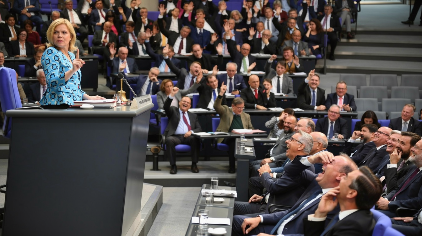 Satirische Szene aus dem Bundestag: die Praesidentin steht erhoben am Praesidium und hebt mahnend den Zeigefinger, waehrend ein ganzer Block von Abgeordneten unter ihr in schallendes Gelaechter ausbricht