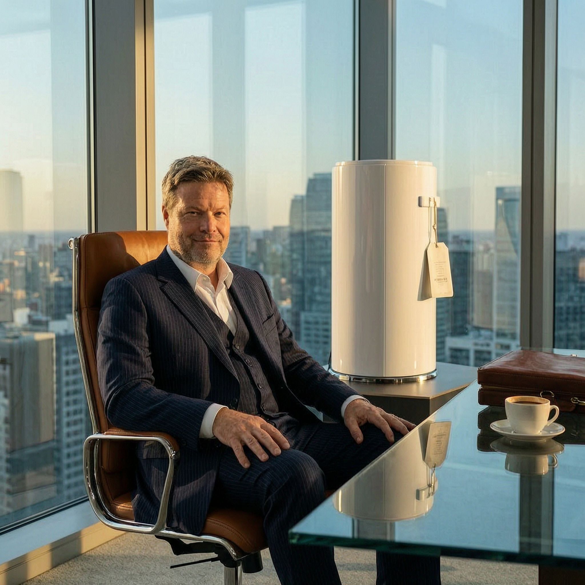 Ein Mann im Nadelstreifenanzug sitzt entspannt in einem Eckbuero mit Skyline-Blick, neben ihm steht ein weisser Warmwasserspeicher mit einem Geschenkanhaenger