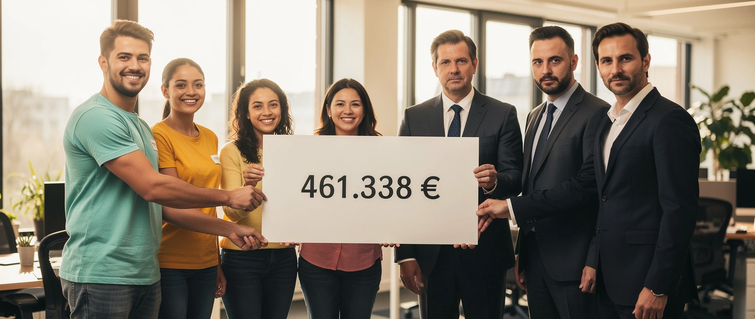 Freiwillige in einem hellen Buero ueberreichen drei Maennern in dunklen Anzuegen einen ueberdimensionalen Spendenscheck mit der Aufschrift 461.338 Euro