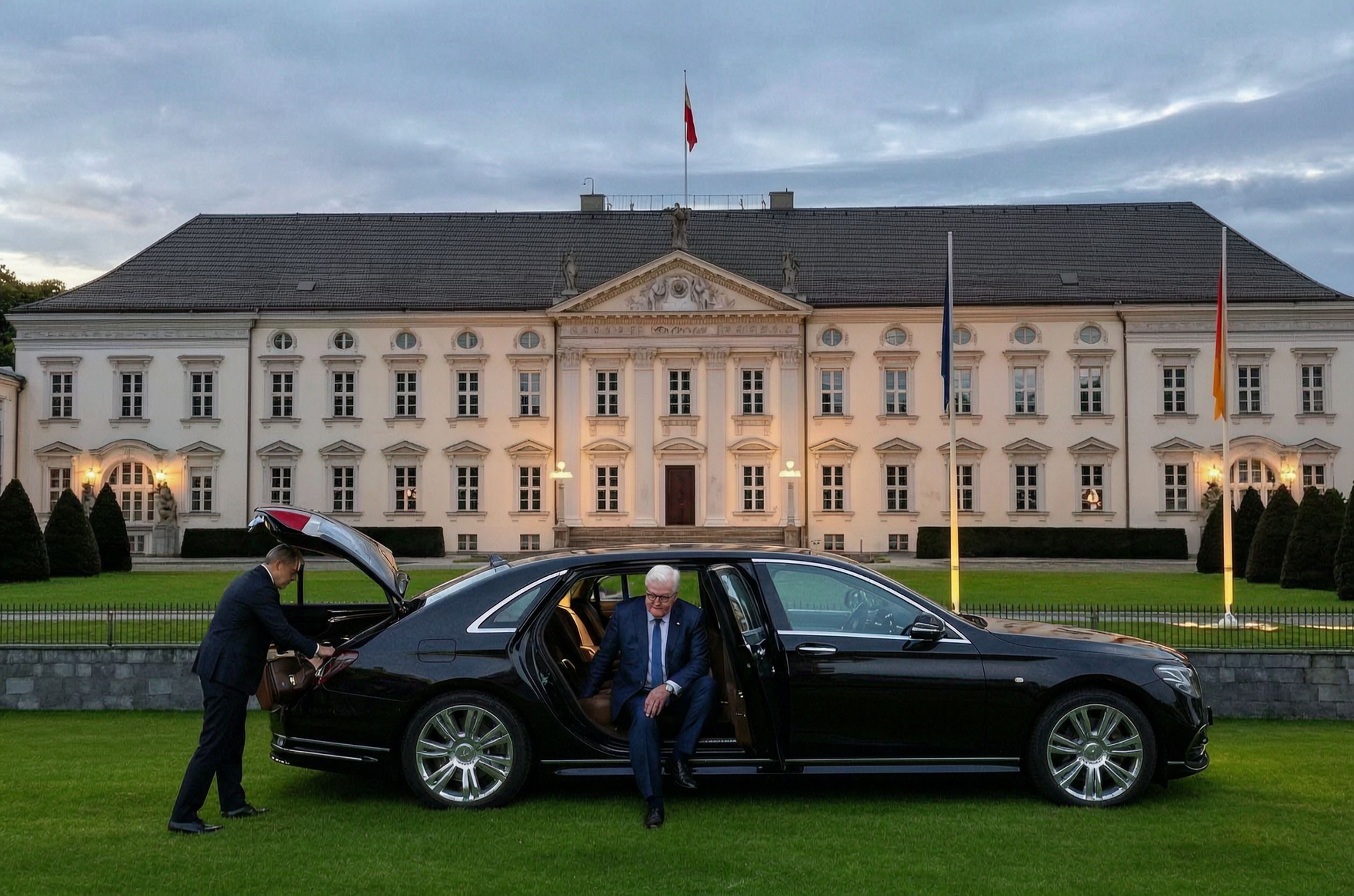 Der Bundespraesident steigt vor Schloss Bellevue aus einer schwarzen Limousine, ein Mitarbeiter laedt eine Tasche in den geoeffneten Kofferraum