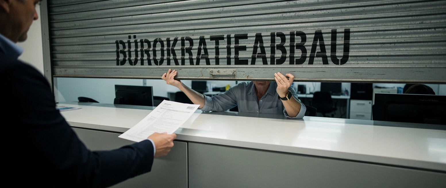 An einem Behoerdenschalter zieht ein Mitarbeiter ein schweres Rollgitter mit der Aufschrift BUEROKRATIEABBAU herunter, waehrend ein Buerger noch ein Formular hinhaelt
