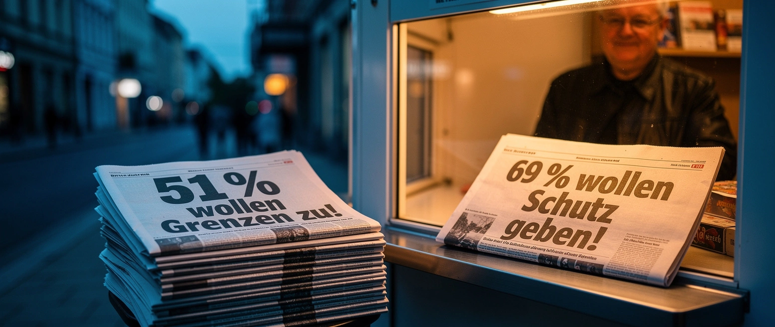 Ein Zeitungskiosk in der Daemmerung: Auf dem Stapel zur Strasse hin steht 51 Prozent wollen Grenzen zu, das Blatt beim Verkaeufer drinnen zeigt 69 Prozent wollen Schutz geben
