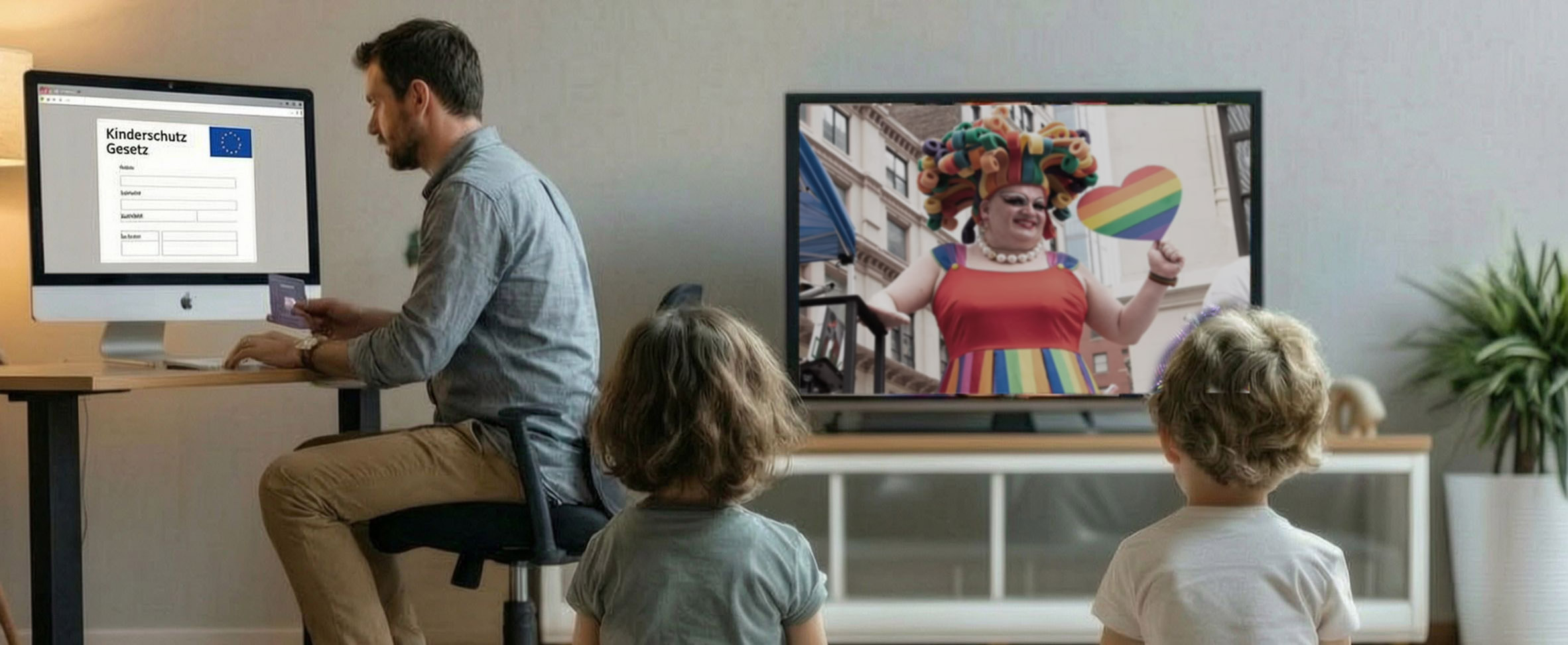 Ein Vater sitzt am Schreibtisch und haelt seinen Ausweis an ein EU-Formular mit der Aufschrift Kinderschutz Gesetz, waehrend hinter ihm zwei kleine Kinder vor dem Fernseher sitzen, in dem eine Person im Regenbogenkostuem ein Regenbogenherz hochhaelt