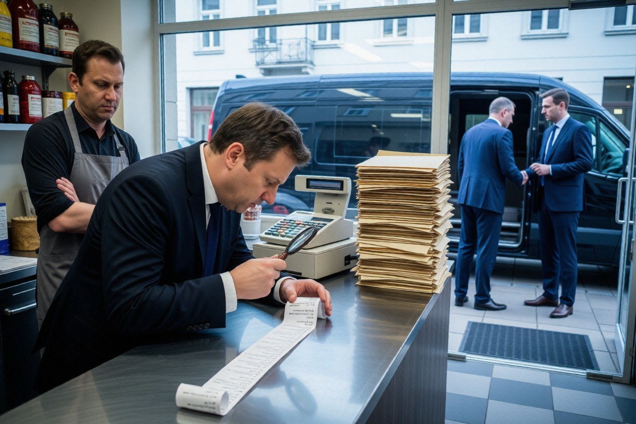 Finanzminister Klingbeil beugt sich mit einer Lupe ueber eine lange Kassenbon-Rolle am Tresen eines kleinen Imbisses, daneben eine Registrierkasse und ein hoher Aktenstapel, dahinter der angespannte Betreiber, durch die Glastuer steigen zwei Maenner in Anzuegen in eine schwarze Limousine