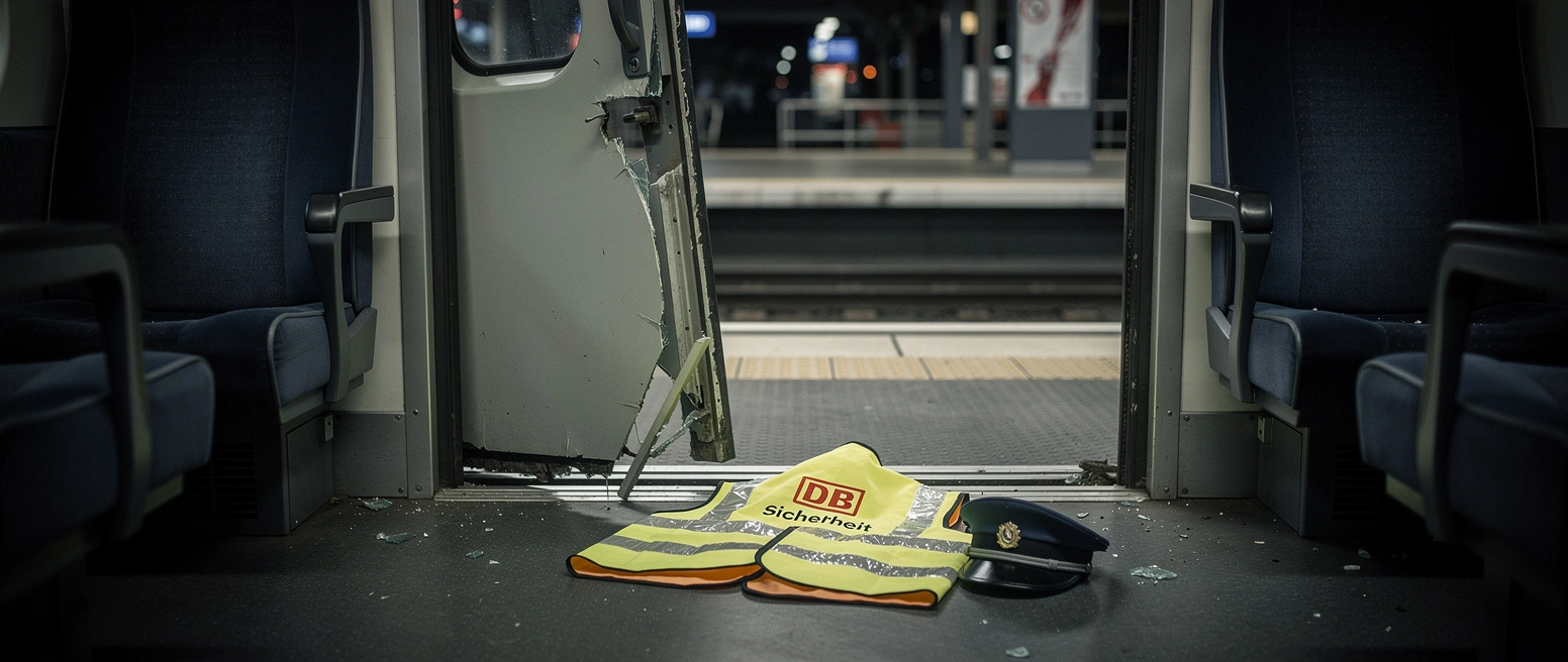 Innenraum eines leeren Regionalzugs bei Nacht, eine Zugtuer haengt beschaedigt mit zersplittertem Glas, davor auf dem Boden eine Warnweste mit der Aufschrift DB Sicherheit und eine Dienstmuetze, im Hintergrund ein leerer Bahnsteig