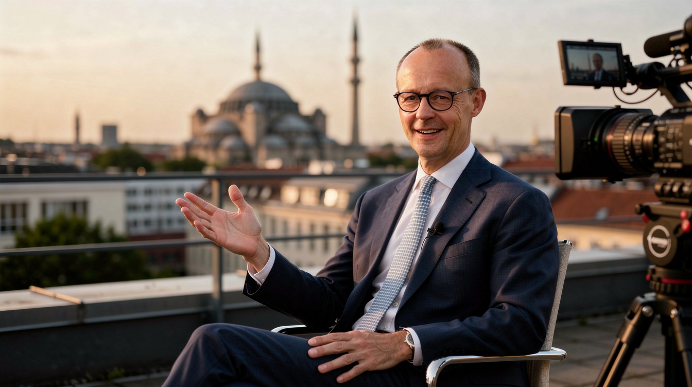Bundeskanzler Friedrich Merz sitzt entspannt und gestikulierend bei einem sommerlichen Fernsehinterview auf einer Dachterrasse ueber Berlin, rechts eine Fernsehkamera, im Hintergrund die Stadtsilhouette im Abendlicht