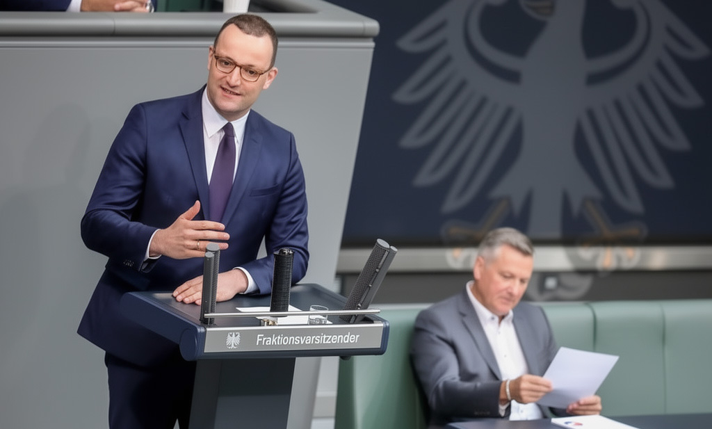 Jens Spahn spricht am Rednerpult des Bundestags mit der Aufschrift Fraktionsvorsitzender, dahinter der Bundesadler, rechts ein sitzender Abgeordneter mit einem Blatt Papier