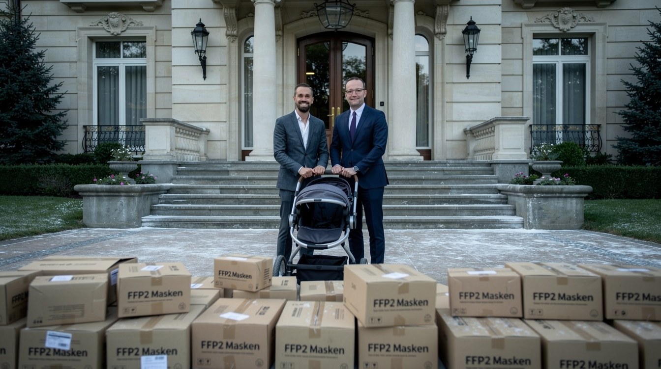 Jens Spahn und sein Ehemann stehen laechelnd mit einem Kinderwagen auf der Freitreppe einer herrschaftlichen Villa, im Vordergrund stapeln sich Kartons mit der Aufschrift FFP2 Masken