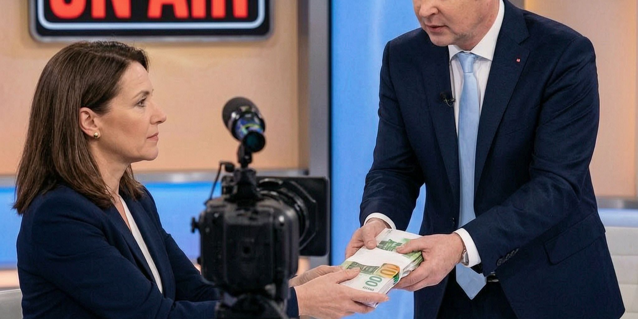 Ein Mann im dunklen Anzug reicht einer Nachrichtensprecherin am Studiopult ein dickes Buendel Euro-Geldscheine, im Vordergrund eine Fernsehkamera, im Hintergrund ein rotes ON-AIR-Schild