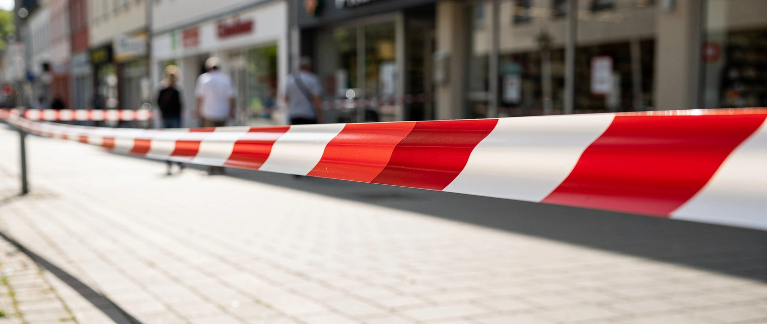 Rot-weisses Absperrband der Polizei quer ueber eine sonnige Einkaufsstrasse, im unscharfen Hintergrund einzelne Passanten