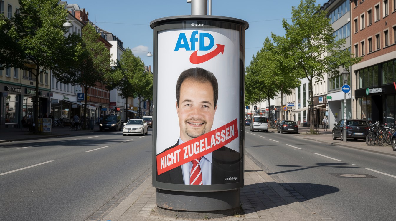 Eine Litfasssaeule an einer sonnigen deutschen Strasse mit einem AfD-Wahlplakat, ueber das Gesicht des Kandidaten ein roter Balken mit der Aufschrift Nicht zugelassen