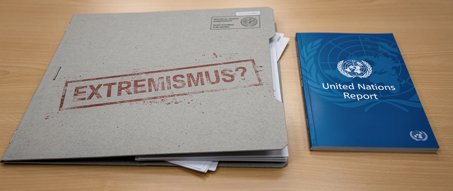 Eine graue Behoerdenakte mit rotem Stempel EXTREMISMUS und Fragezeichen liegt auf einem Schreibtisch neben einem blauen Heft mit der Aufschrift United Nations Report