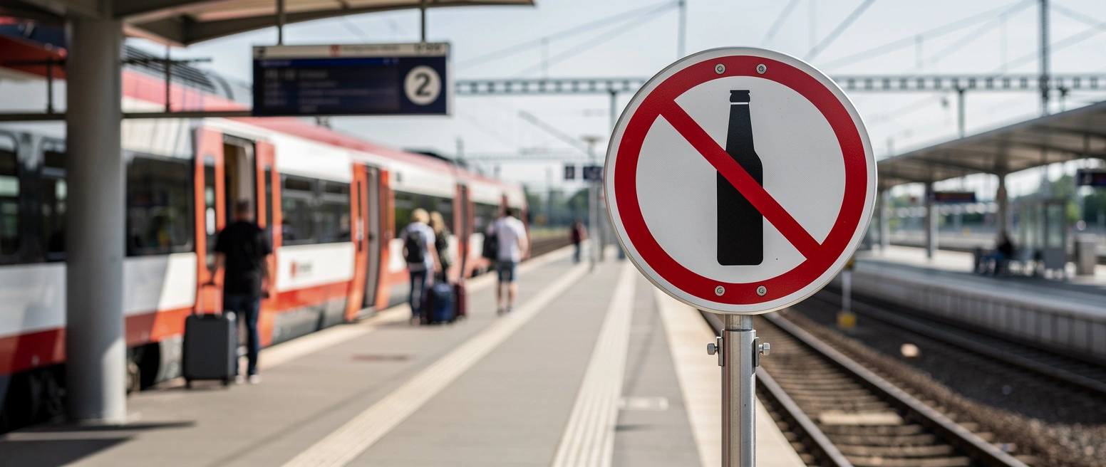 Ein rundes Verbotsschild mit durchgestrichener Bierflasche auf einem Bahnsteig, im Hintergrund ein Regionalzug und einzelne Reisende