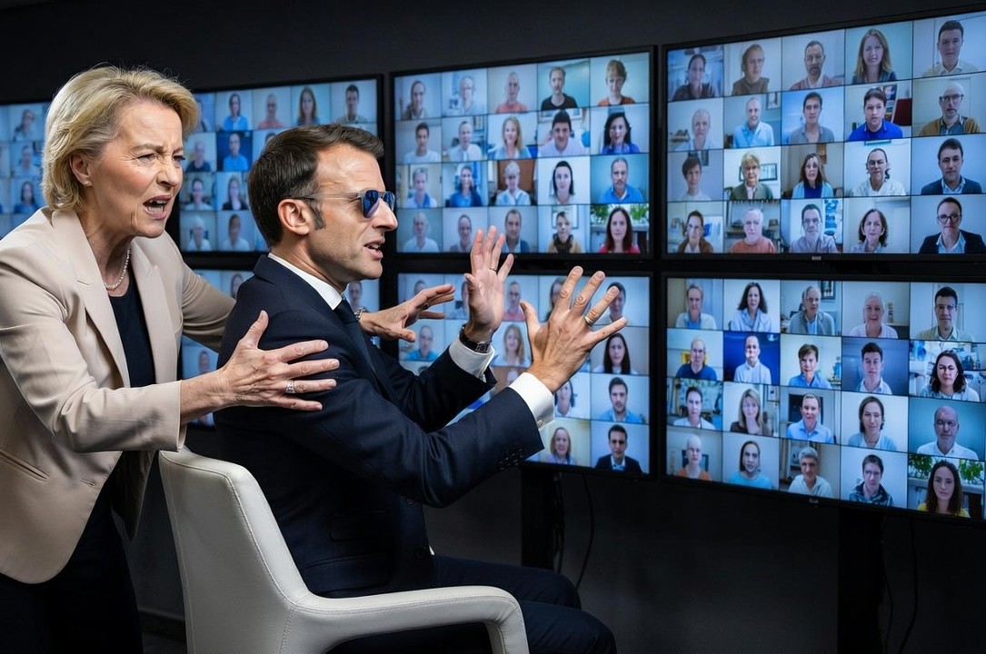 Ursula von der Leyen und Emmanuel Macron greifen nebeneinander nach einer Wand voller Bildschirme mit den Gesichtern vieler Buerger, in einem dunklen Ueberwachungsraum