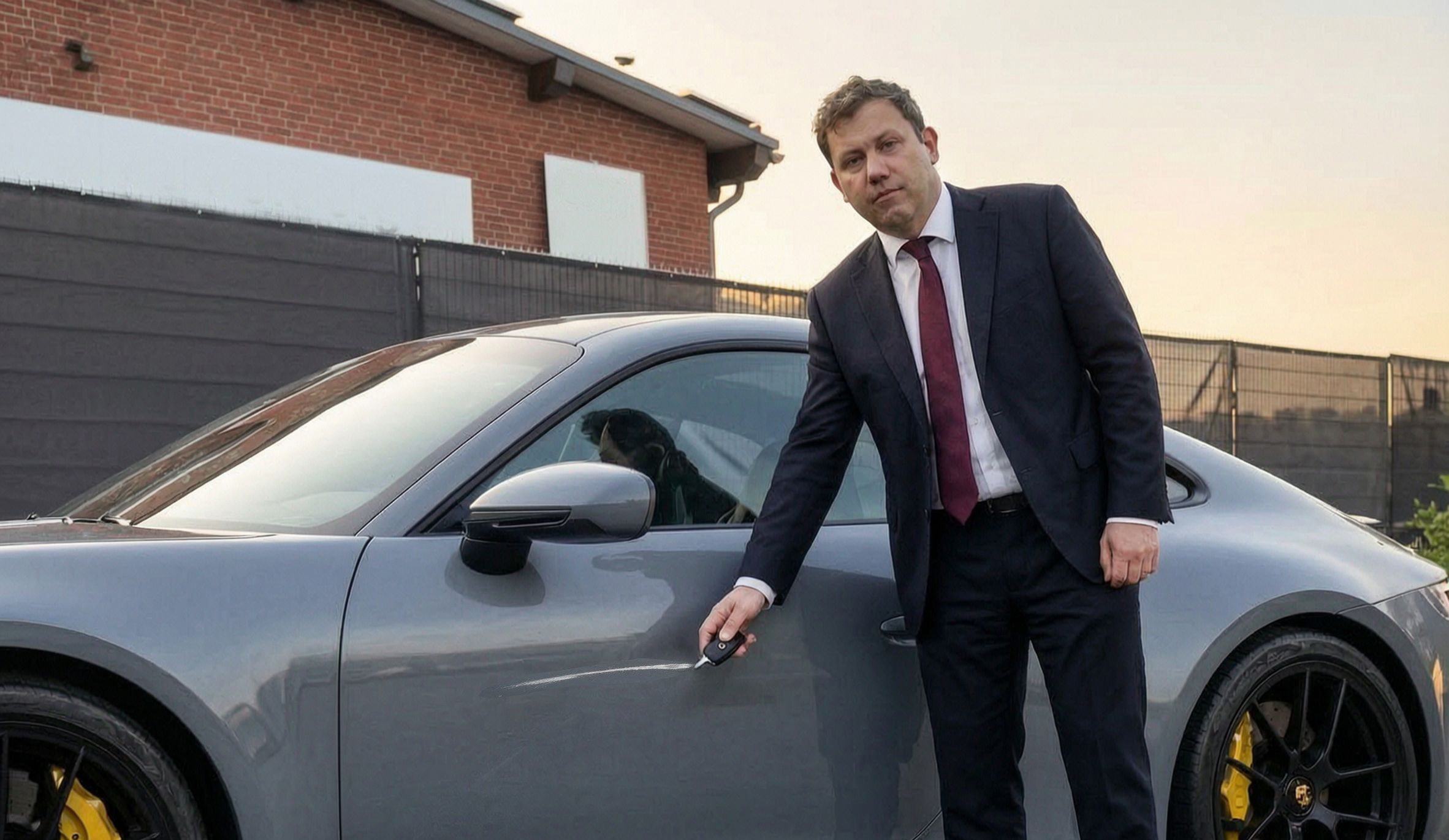 Ein Mann im dunklen Anzug mit roter Krawatte steht mit dem Autoschluessel in der Hand neben einem grauen Porsche vor einer Klinkerfassade in der Abenddaemmerung