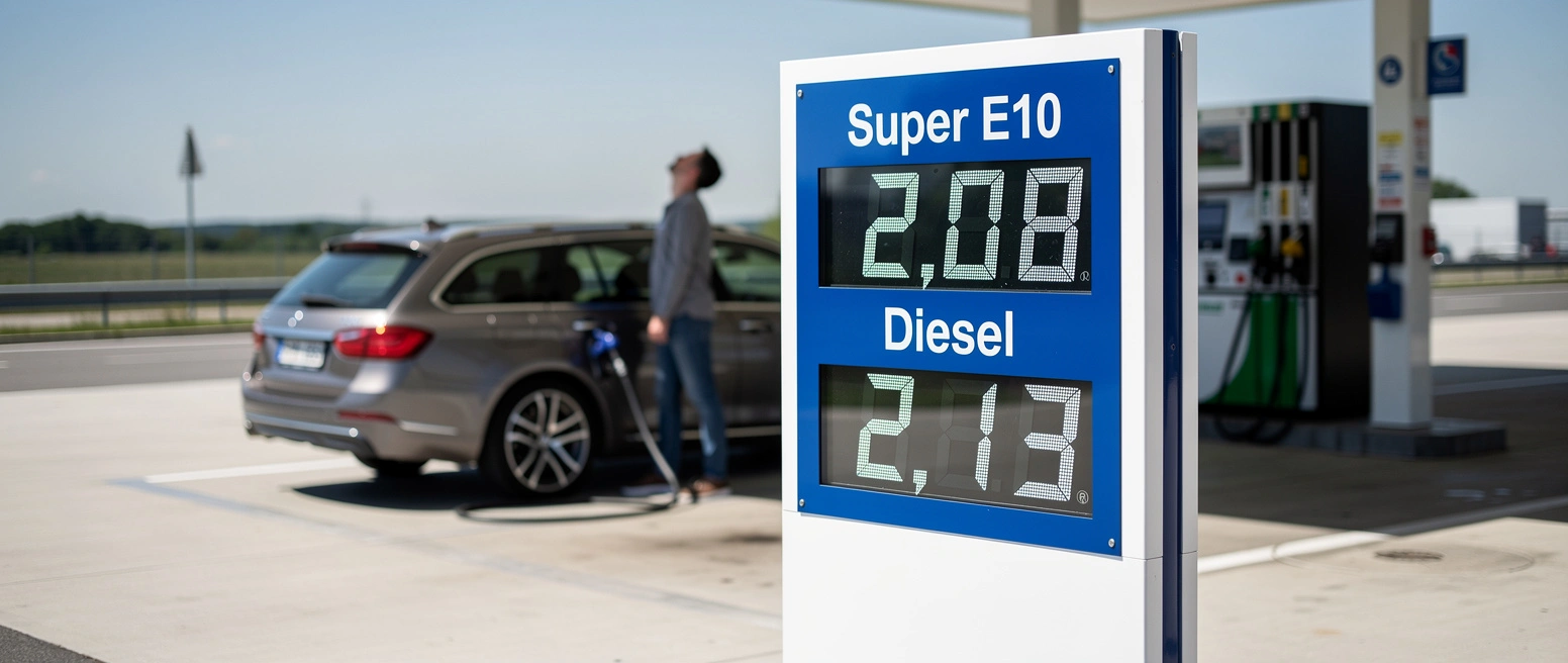 Eine Preistafel an einer Autobahn-Tankstelle zeigt Super E10 2,08 und Diesel 2,13 Euro, im Hintergrund ein Kombi an der Zapfsaeule und ein Mann, der zu den Preisen aufblickt