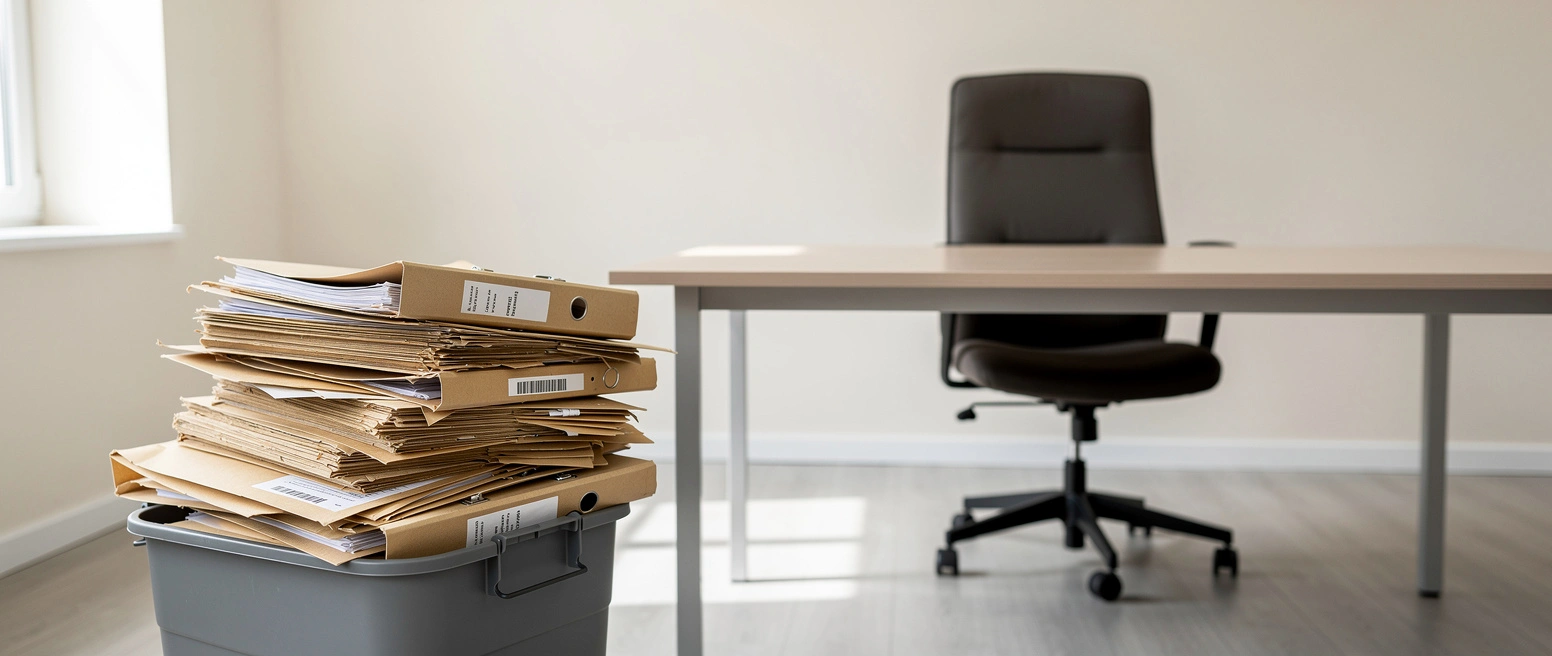 Ein Stapel abgehefteter Aktenordner in einer Kiste in einem hellen leeren Büro, dahinter ein leerer Schreibtischstuhl