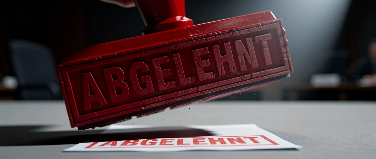 Ein grosser roter Stempel mit der Aufschrift ABGELEHNT senkt sich auf ein Blatt Papier, auf dem bereits der rote Abdruck ABGELEHNT steht, auf einem Tisch in einem abgedunkelten Sitzungssaal