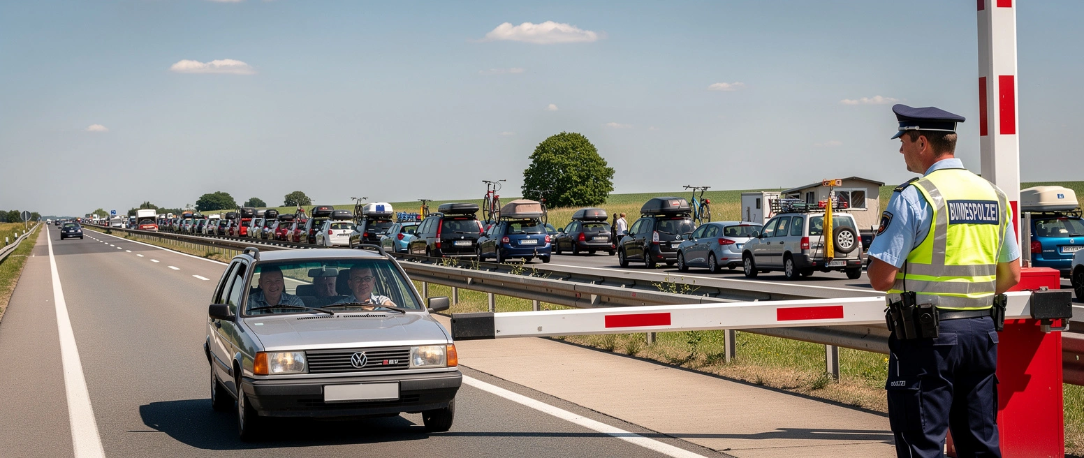 Ein Bundespolizist steht an einer rot-weissen Schranke an einem sonnigen Autobahn-Grenzuebergang, auf der Gegenspur eine lange Schlange von Urlauberautos mit Dachboxen Richtung Sueden