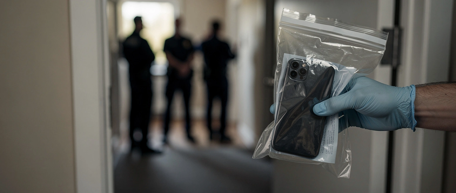 Eine Hand im blauen Einweghandschuh haelt einen durchsichtigen Asservatenbeutel mit einem beschlagnahmten Smartphone, im unscharfen Hintergrund drei Einsatzkraefte in dunkler Uniform in einem Wohnungsflur