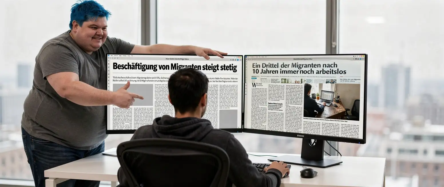 Zwei Monitore in einem Buero: der linke zeigt die Schlagzeile Beschaeftigung von Migranten steigt stetig, der rechte Ein Drittel der Migranten nach 10 Jahren immer noch arbeitslos; ein Mann deutet lachend auf die positive Schlagzeile, ein zweiter sitzt am Schreibtisch