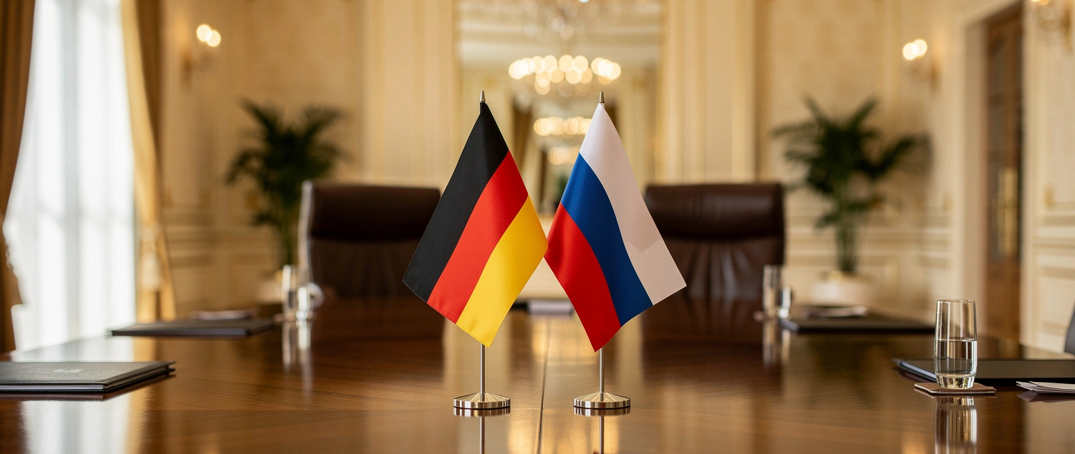 Eine deutsche und eine russische Tischfahne stehen gekreuzt auf einem polierten Konferenztisch in einem noblen Hotel-Sitzungssaal, dahinter zwei leere Ledersessel, Aktenmappen und Wassergläser