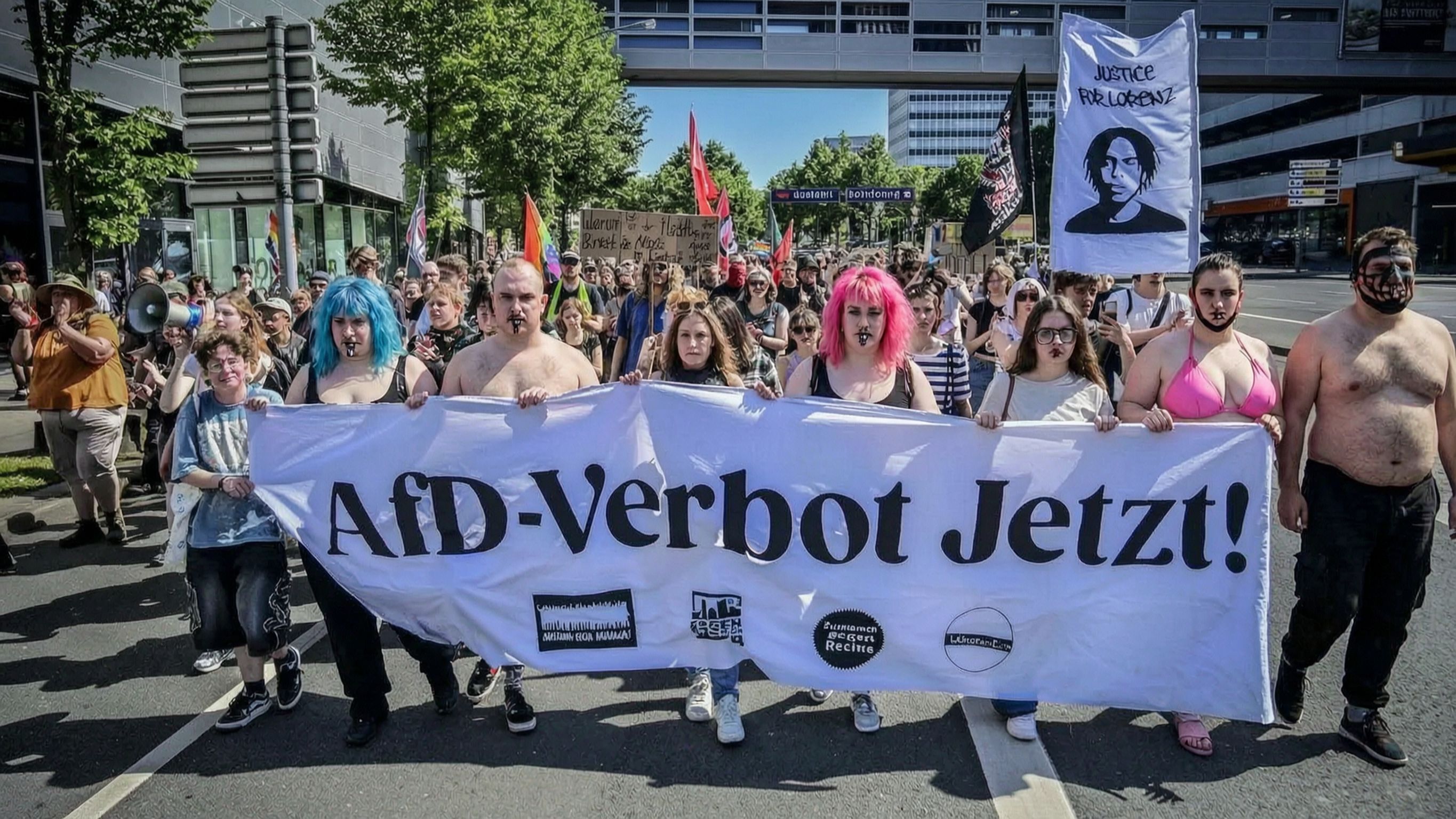 Eine Demonstration auf einer sonnigen Strasse hinter einem grossen weissen Transparent mit der Aufschrift AfD-Verbot Jetzt