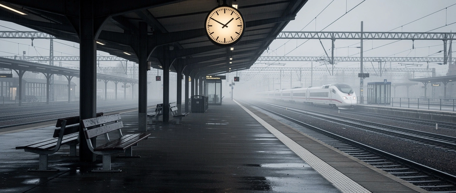 Ein menschenleerer nebliger Bahnsteig unter einer grossen Bahnhofsuhr, leere Baenke, ein ICE wartet weit hinten im grauen Dunst