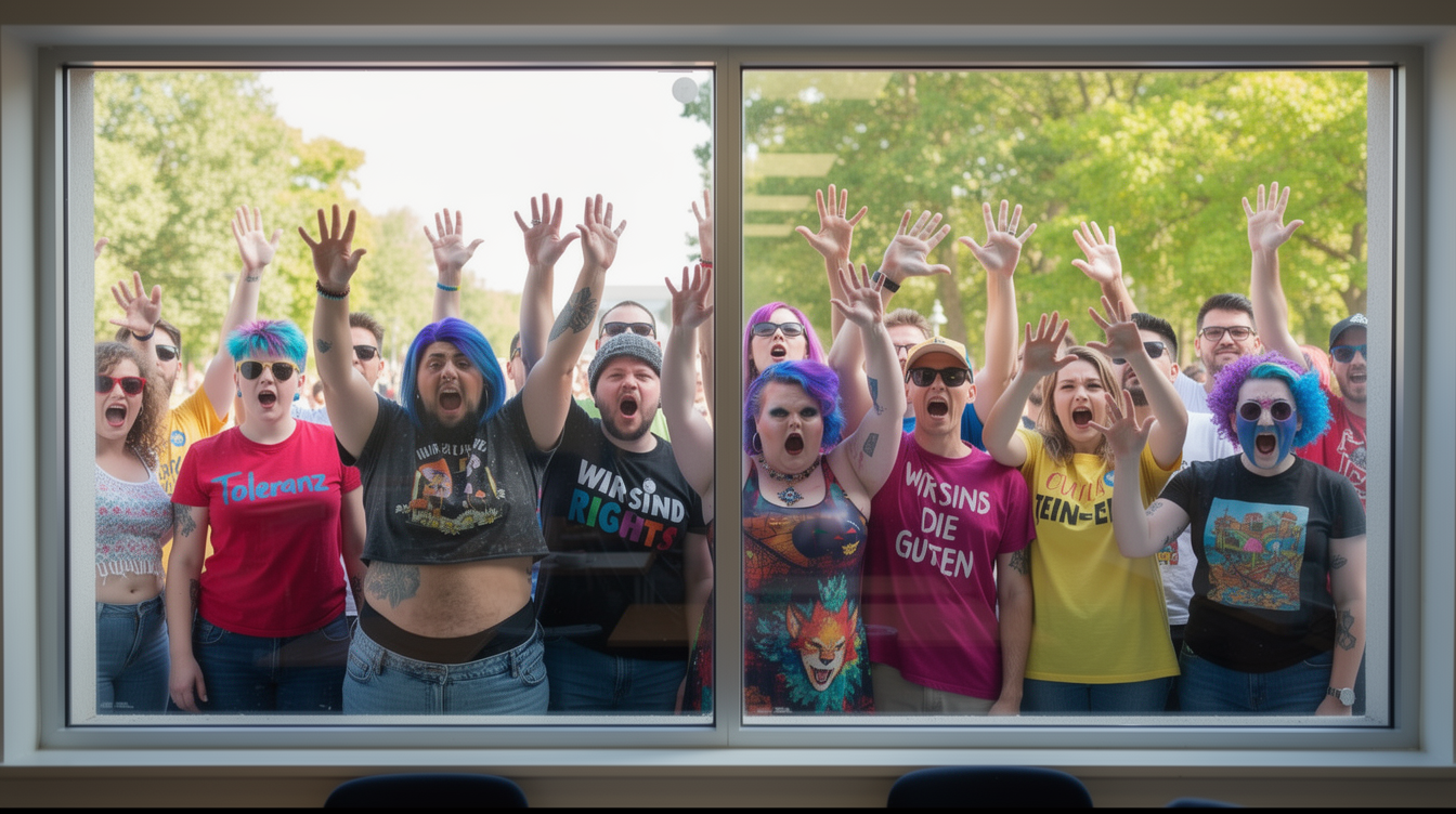 Eine Gruppe protestierender Menschen mit erhobenen Haenden und aufgerissenen Muendern, gesehen durch das Fenster eines Hoersaals, einige mit gefaerbten Haaren und Protest-Shirts