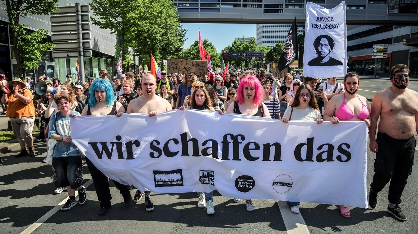 Eine Demonstration auf einer sonnigen Strasse hinter einem grossen weissen Transparent mit der Aufschrift wir schaffen das