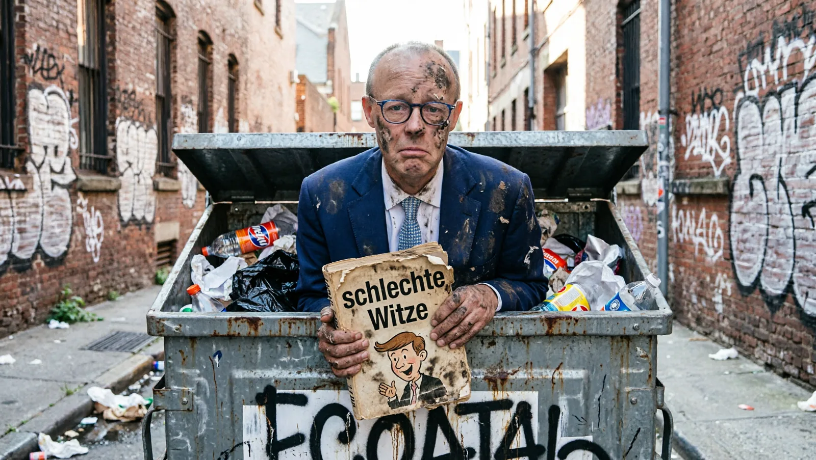 Satirische Fotomontage: Friedrich Merz sitzt traurig und verschmutzt in einem grossen Muellcontainer in einer Gasse und haelt ein zerfleddertes Buch mit dem Titel schlechte Witze