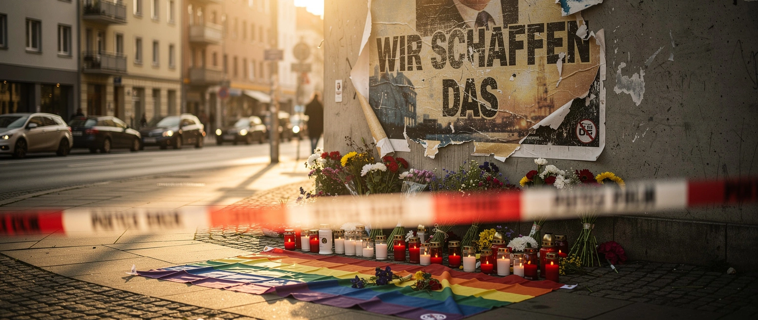 Ein zerrissenes verwittertes Plakat mit der Aufschrift Wir schaffen das an einer Betonwand, davor Grabkerzen, Blumen und eine Regenbogenfahne hinter Polizei-Absperrband im Abendlicht
