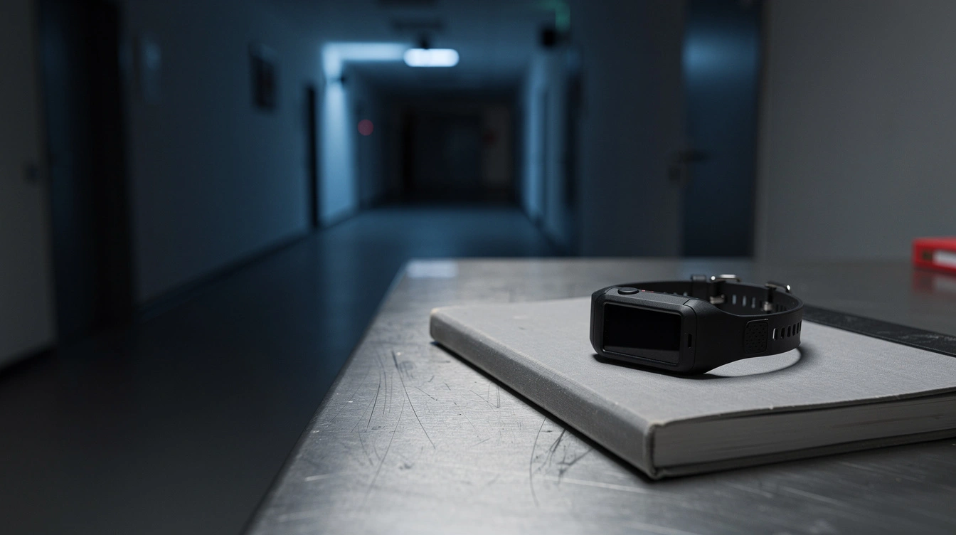 Eine schwarze elektronische Fußfessel liegt auf einer grauen Akte in einem dunklen Behördenflur