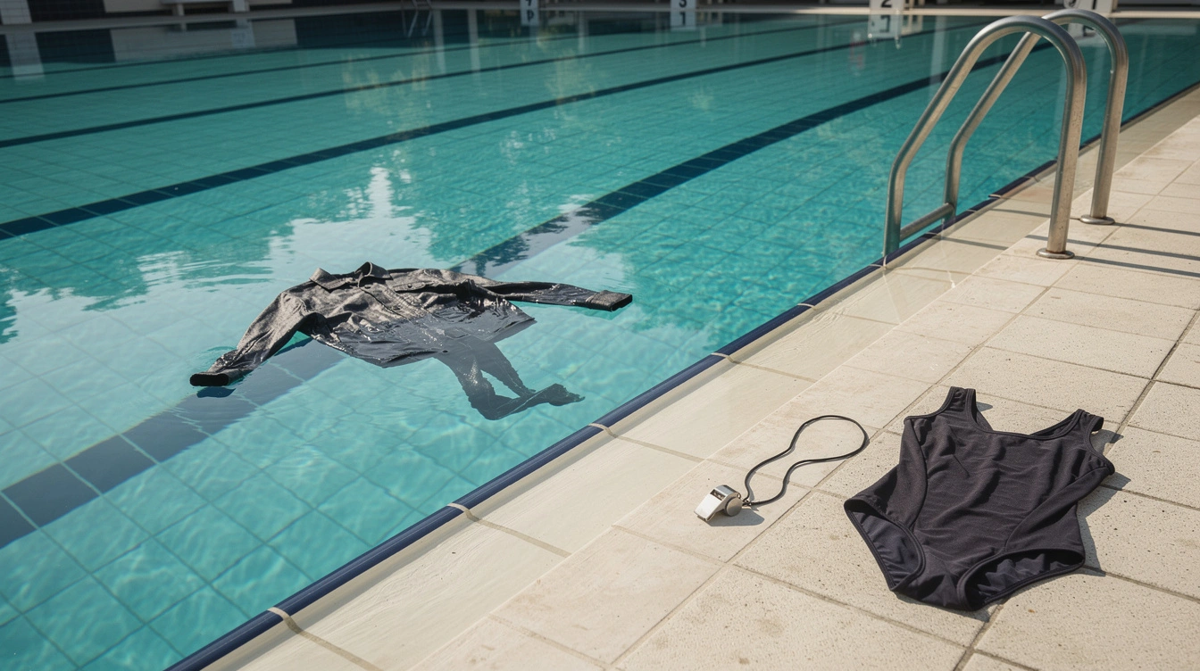 Ein leeres Schwimmbecken mit einem nassen Alltagsgewand im Wasser und einem Badeanzug auf dem Beckenrand