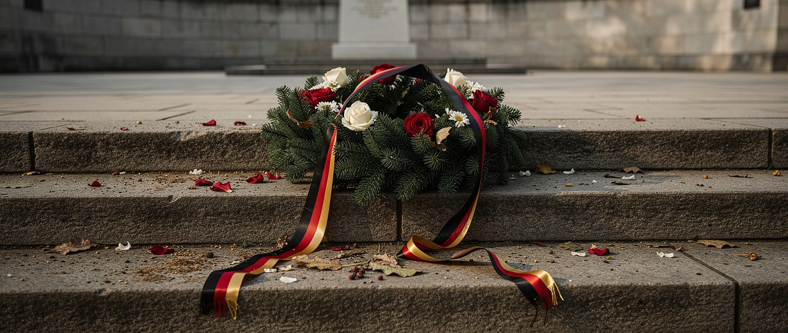 Ein umgestuerzter Trauerkranz mit einer zerrissenen schwarz-rot-goldenen Schleife liegt auf den Steinstufen eines Gedenkorts, ringsum verstreute Bluetenblaetter