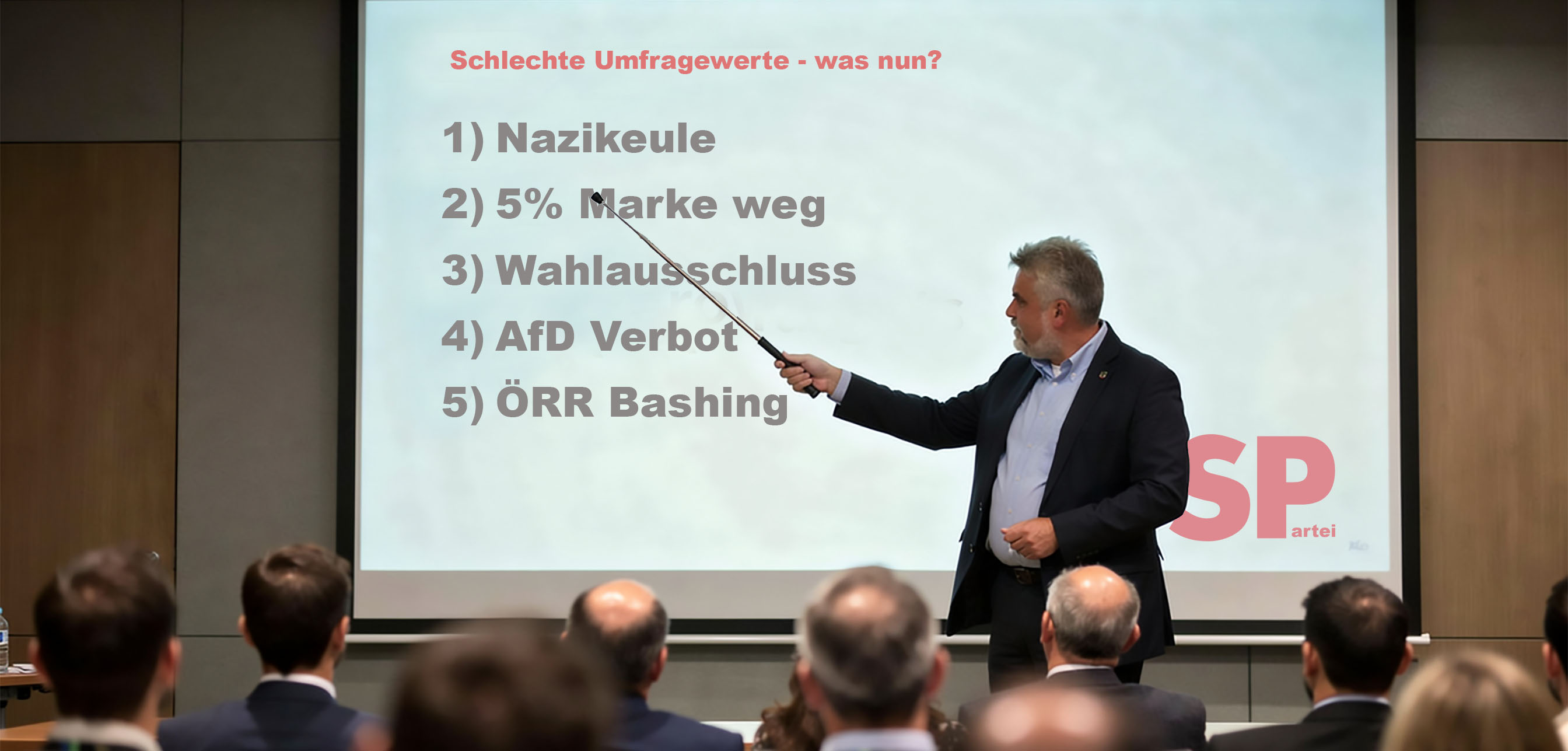 Satirische Darstellung eines Politikers vor einer Präsentation über schlechte Umfragewerte und politische Gegenmaßnahmen