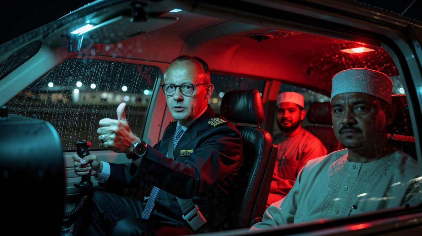 Satirische Darstellung von Friedrich Merz im Cockpit eines Flugzeugs auf einer nassen Startbahn bei Nacht