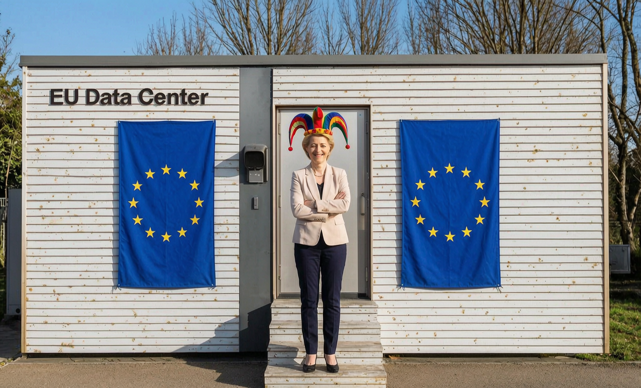 Satirische Darstellung von Ursula von der Leyen vor einem kleinen EU-Rechenzentrum