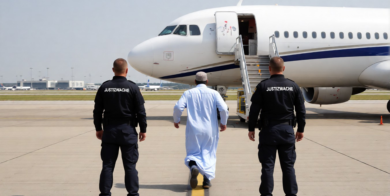 Ein Mann läuft unbeobachtet in Richtung eines bereitstehenden Flugzeugs, während Justizwachebeamte zurückbleiben