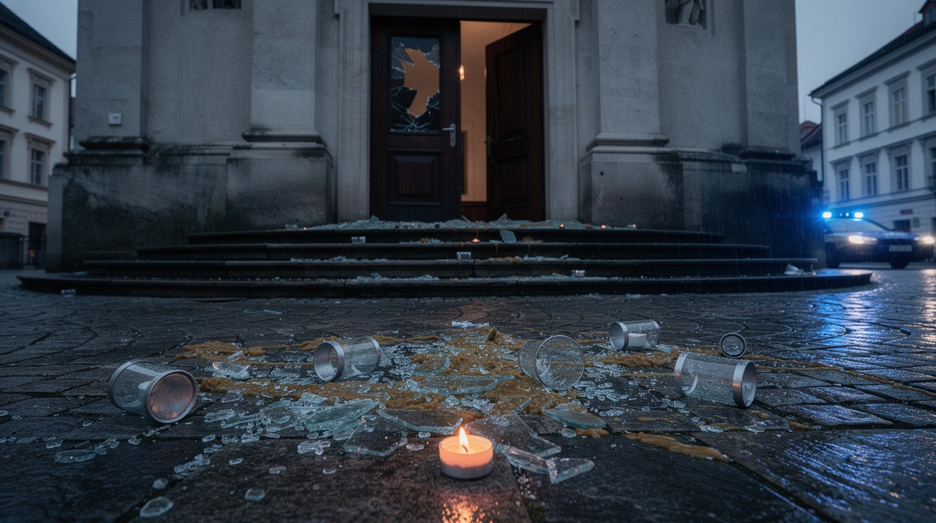 Zerbrochenes Glas liegt vor dem Eingang einer Kirche, im Hintergrund leuchtet ein Polizeifahrzeug