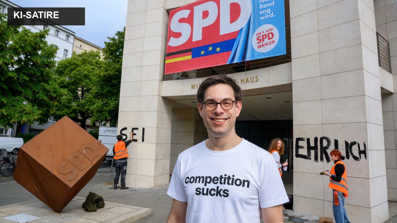 KI-Satire: Marius Heetfeld vor einer SPD-Zentrale; das Bild ist deutlich als KI-Satire markiert