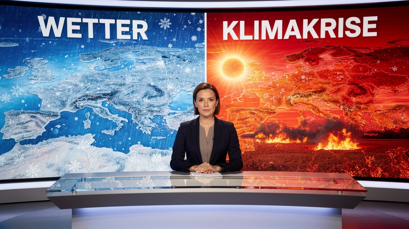 Satirische Wetterstudioszene: Eine Nachrichtensprecherin sitzt vor zwei Europakarten, links blau mit der Aufschrift Wetter, rechts rot mit der Aufschrift Klimakrise