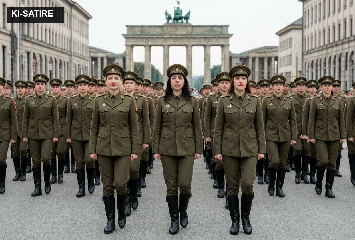 KI-Satire: Ines Schwerdtner, Elif Eralp und Heidi Reichinnek marschieren in einer erfundenen militärischen Formation vor dem Brandenburger Tor