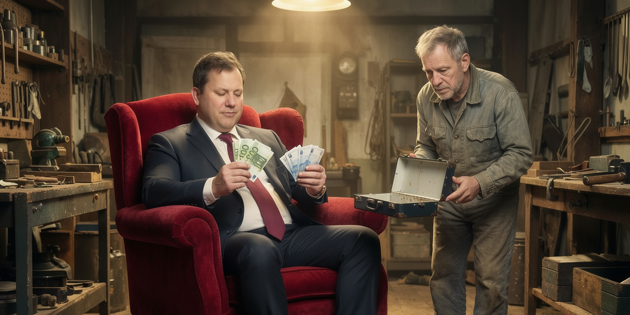 KI-Satire: Lars Klingbeil zählt Euro-Geldscheine, während ein alter Handwerker ihm in einer Werkstatt einen offenen leeren Koffer hinhält